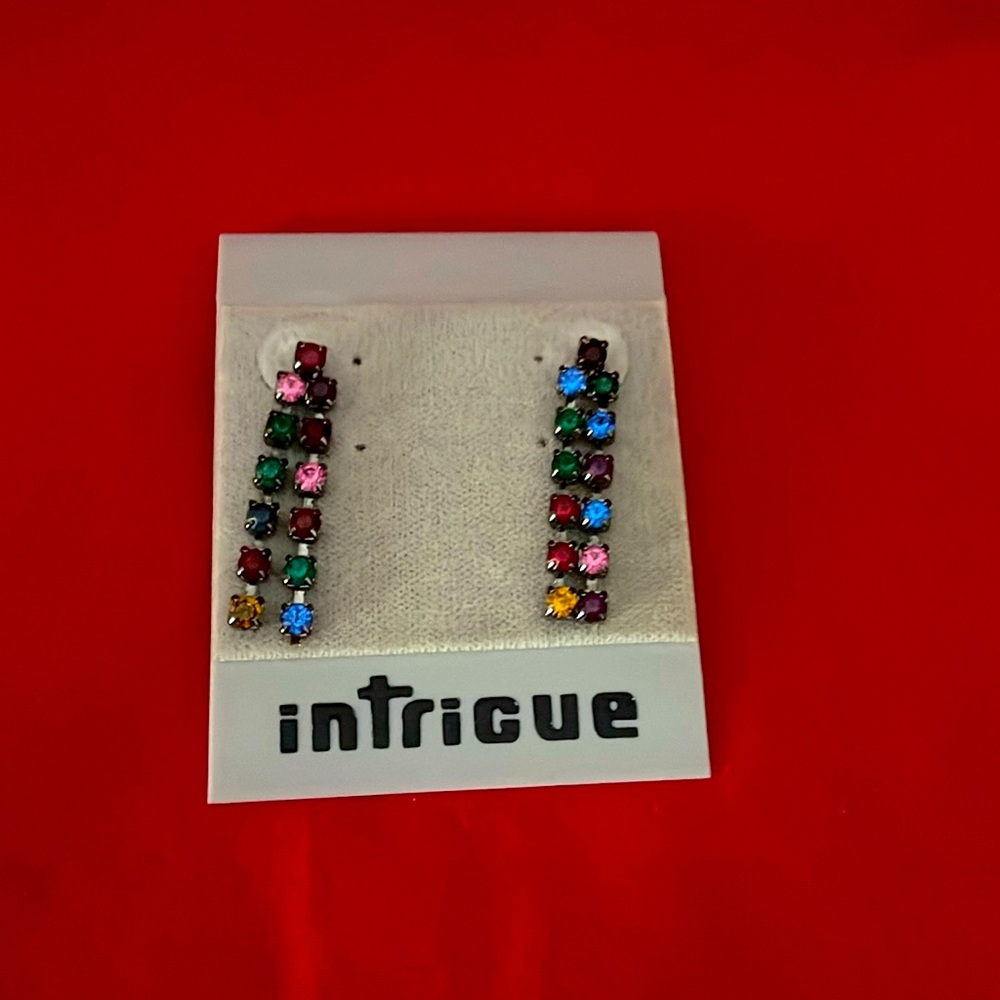 Intrigue sparkling double dangling earrings. Vintage/new. Purples/blues/pinks.